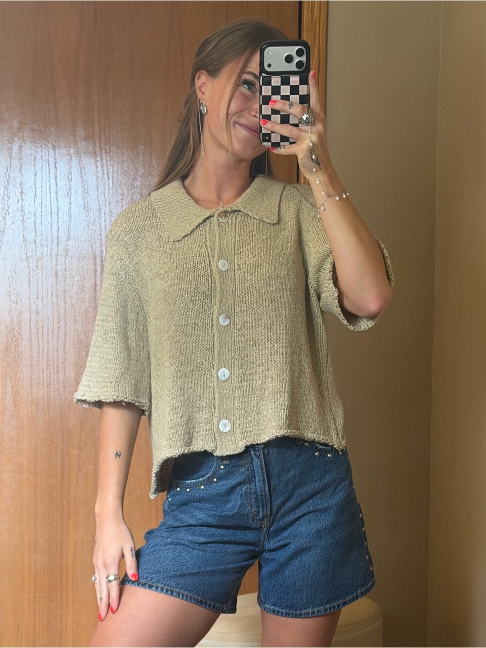 Very J Beige Collared Short-Sleeve Button Cardigan